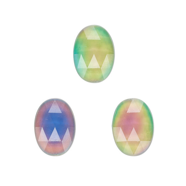 Cabochon, acrylic, multicolored, 14x10mm color-changing non-calibrated faceted oval. Sold per pkg of 6. image number 0