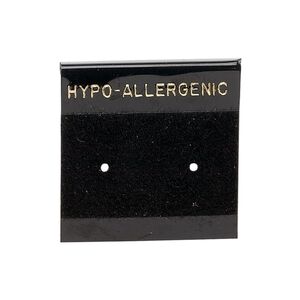 Earring card, flocked plastic, black and gold, 1x1-inch square with "HYPO-ALLERGENIC." Sold per pkg of 100.