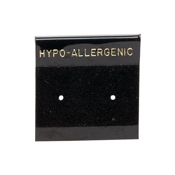 Earring card, flocked plastic, black and gold, 1x1-inch square with "HYPO-ALLERGENIC." Sold per pkg of 100. image number 0