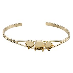 Bracelet, cuff, gold-finished brass, 11mm wide with (1) SS47 4-prong rivoli setting and (2) SS39 4-prong rivoli settings, 8 inches. Sold individually.