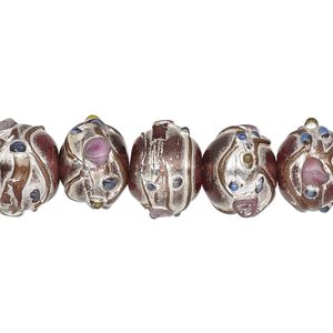 Bead, lampworked glass, transparent pink and multicolored with silver- and gold-colored foil, 13x11mm rondelle with dots and lines. Sold per pkg of 30.