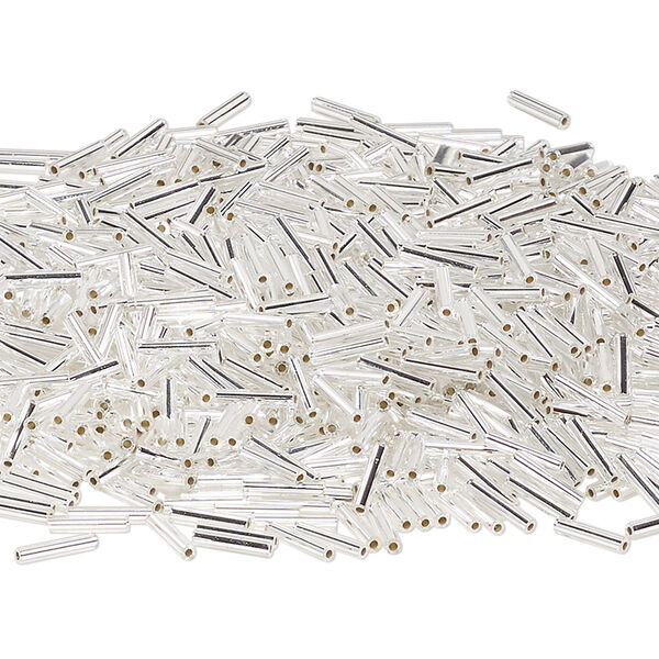 Bead, Miyuki, bugle bead, glass, pkg/250 g, 9x1.9mm center-drilled, silver-lined translucent crystal clear, silver, (RBU-0001). image number 0