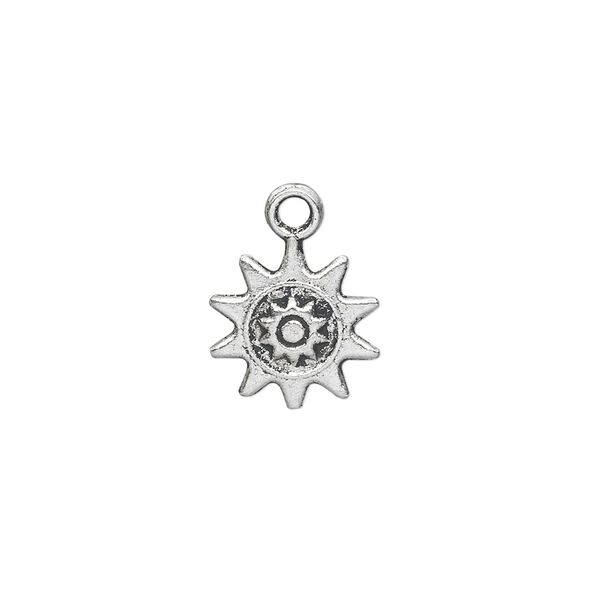 Charm, antique silver-plated "pewter" (zinc-based alloy), 13mm double-sided sun. Sold per pkg of 50. image number 0