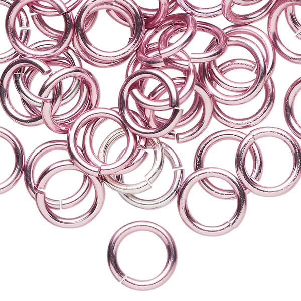 Jump ring, anodized tempered aluminum, pink, 10mm round, 7.2mm inside diameter, 15 gauge. Sold per pkg of 100. image number 0