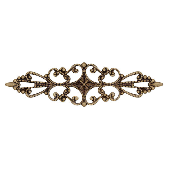Component, antiqued brass-colored brass, 56.5x15mm single-sided filigree marquise. Sold per pkg of 10. image number 0