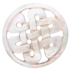 Focal, mother-of-pearl shell (natural), 50mm round with Celtic knot, Mohs hardness 3-1/2. Sold individually.