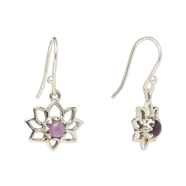 Ear wire, Create Compliments®, antiqued sterling silver and amethyst (natural), fishhook, 26mm with 14.5x12mm single-sided open lotus, 21 gauge. Sold per pair. image number 0