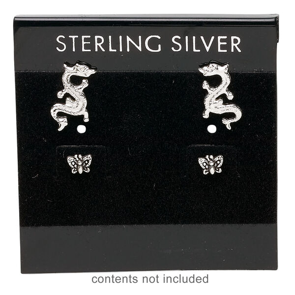 Earring card, flocked plastic, black and silver, 2x2-inch square with "STERLING SILVER." Sold per pkg of 100. image number 1