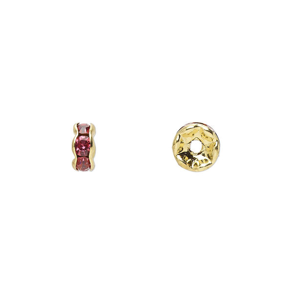 Bead, glass rhinestone and gold-finished brass, rose, 6x3mm rondelle. Sold per pkg of 10. image number 0