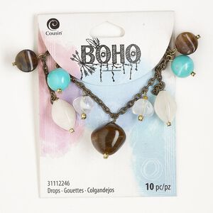 Drop mix, antique brass-finished and gold-finished steel and acrylic, blue / brown / clear, 12mm round / 17x13mm diamond / 12-20x18mm rondelle. Sold per pkg of 10.