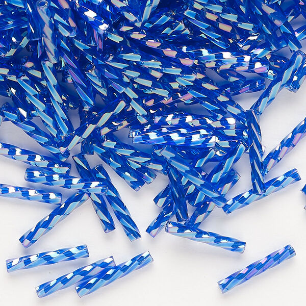 Bugle bead, Dyna-Mites™, glass, translucent rainbow dark blue, 12mm twisted. Sold per 50-gram pkg. image number 0