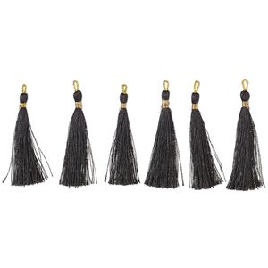Tassel, polyester, black and gold, 2-1/2" tassel. Sold per pkg of 6.