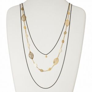 Necklace, 3-strand, Czech glass rhinestone / brass / gold-finished brass and steel, black and clear, leaves, 27 inches with 2-inch extender chain and lobster claw clasp. Sold individually.