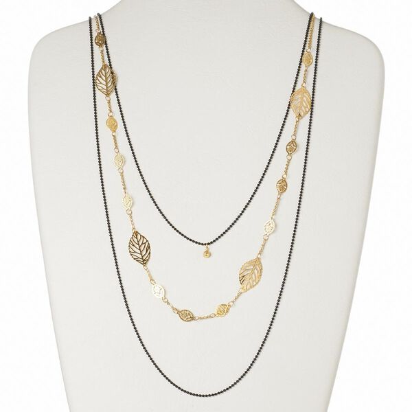 Necklace, 3-strand, Czech glass rhinestone / brass / gold-finished brass and steel, black and clear, leaves, 27 inches with 2-inch extender chain and lobster claw clasp. Sold individually. image number 0