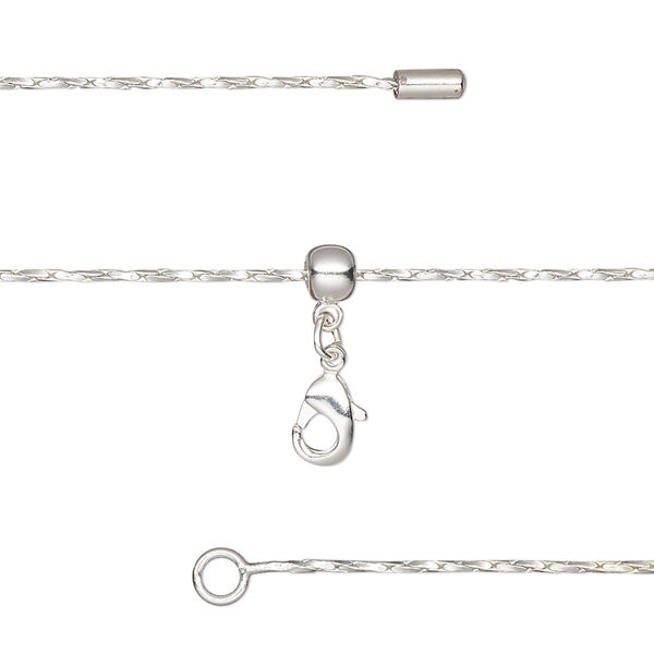 Chain, silicone and silver-plated brass, 0.9mm twisted Boston link, adjustable from 16 to 23-1/2 inches with lobster claw clasp and adjustable slider bead. Sold individually. image number 0