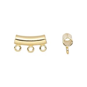Bead, gold-plated brass, 14x5mm curved tube with 3 loops. Sold per pkg of 10.