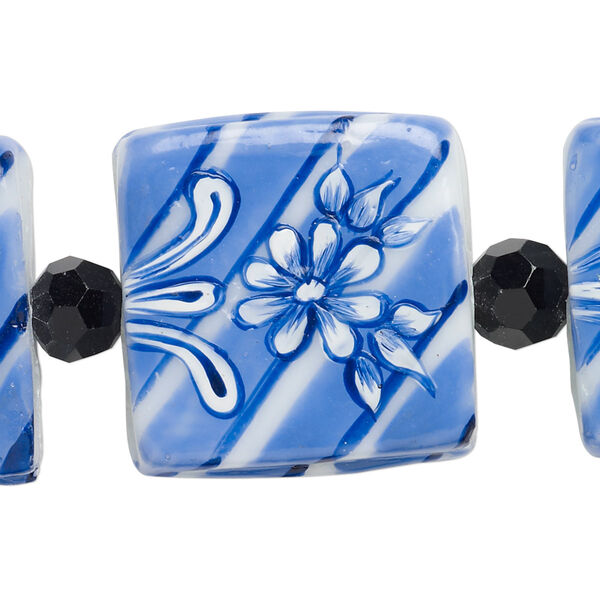 Bead, glass and lampworked glass, multicolored, 8mm faceted round and 25x25mm double-sided flat square with hand-painted flower and stripes. Sold per 7-inch strand. image number 0