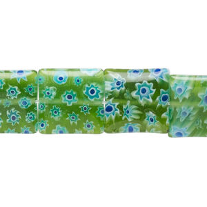 Bead, millefiori glass, translucent green / white / blue, 13mm-15x14mm puffed square with flower design. Sold per 14-inch strand.