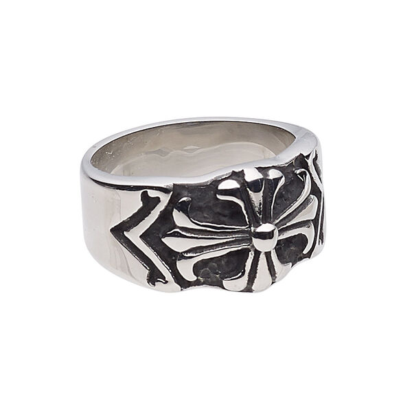 Ring, antiqued stainless steel, 15mm wide with cross, size 12. Sold individually. image number 0