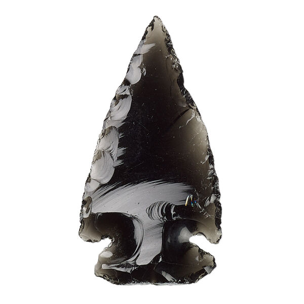 Focal, black obsidian (natural), opaque to semitransparent, 36x18mm-48x22mm hand-knapped undrilled arrowhead, B- grade, Mohs hardness 5 to 5-1/2. Sold individually. image number 0