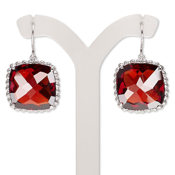 Earring, glass and rhodium-plated brass, red, 31mm with beaded square and fishhook ear wire. Sold per pair. image number 0