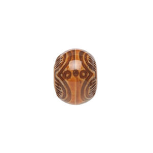 Bead, acrylic, tan and multicolored, 16x12mm color-changing rondelle with tribal design. Sold per pkg of 4.