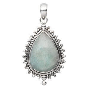 Pendant, aquamarine (heated) and antiqued sterling silver, 40x26mm beaded teardrop with 25x18mm teardrop. Sold individually.
