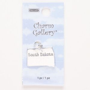 Charm, steel and enamel, pkg/1, silver finish and black, 23x17mm with "South Dakota."