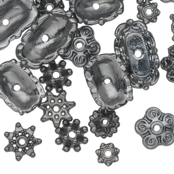 Bead cap mix, gunmetal-finished "pewter" (zinc-based alloy), 6x2mm-18x6mm mixed shape. Sold per pkg of 50. image number 0