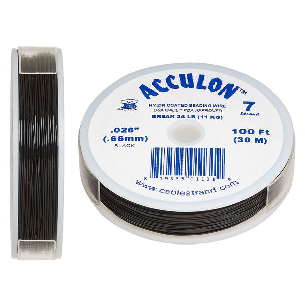Beading wire, Acculon®, nylon-coated stainless steel, black, 7 strand, 0.026-inch diameter. Sold per 100-foot spool. image number 0