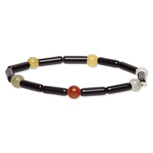 Bracelet, stretch, multi-gemstone (natural / dyed / heated) and glass, multicolored and opaque black, 6-7mm round and 12x4mm-13x5mm round tube, 6 inches. Sold individually.