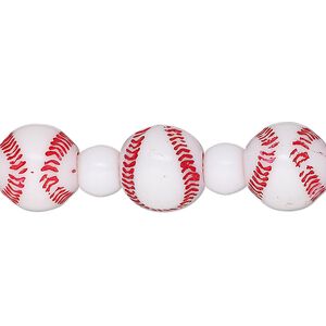 Bead, acrylic, opaque red and white, 7x5.5mm crow and 11mm baseball. Sold per 8-inch strand.