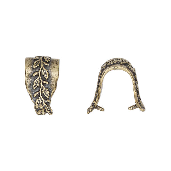 Bail, ice-pick, antiqued brass, 15x8mm fancy shield with leafy vine design, 12mm grip length. Sold individually. image number 0