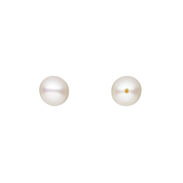 Pearl, cultured saltwater (bleached), white to light mauve or peach, 7-7.5mm half-drilled round, B- grade, Mohs hardness 2-1/2 to 4. Sold per pair. image number 0