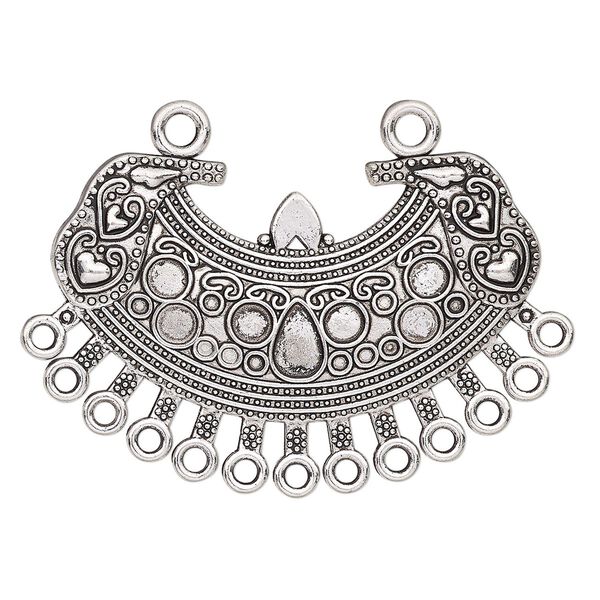 Focal, antique silver-finished "pewter" (zinc-based alloy), 51x37mm single-sided connector with heart design and 13 loops. Sold individually. image number 0