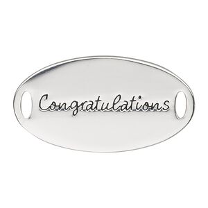 Link, antique silver-finished "pewter" (zinc-based alloy), 38x20mm single-sided flat oval with "Congratulations." Sold individually.