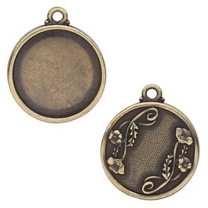 Drop, TierraCast®, antique brass-plated pewter (tin-based alloy), 29mm round with poppy design, 25.5mm cabochon setting. Sold individually