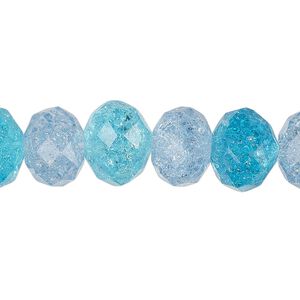 Bead, crackle glass, translucent aqua blue and teal blue, 12x9mm faceted rondelle. Sold per pkg of 20.