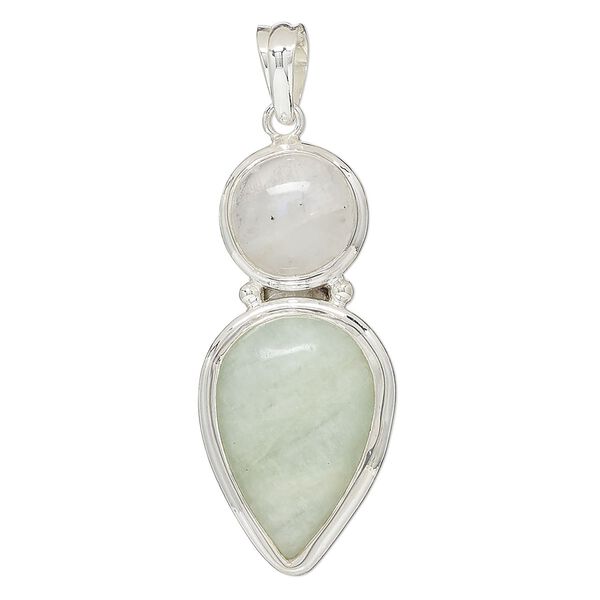 Pendant, rainbow moonstone (natural)/aquamarine (natural)/sterling silver, 45x21mm teardrop and round. Sold individually. image number 0