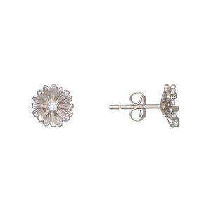 Earstud, Create Compliments®, rhodium-plated sterling silver and cubic zirconia, clear, 9mm flower. Sold per pair.