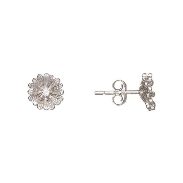 Earstud, Create Compliments®, rhodium-plated sterling silver and cubic zirconia, clear, 9mm flower. Sold per pair. image number 0