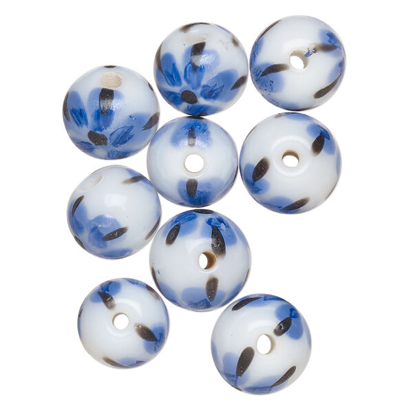 Bead, lampworked glass, opaque white / black / blue, 9-11mm round. Sold per pkg of 10. image number 0
