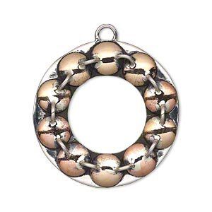 Focal, antiqued sterling silver and copper, 31mm single-sided fancy open round with round dot design and loops. Sold individually.