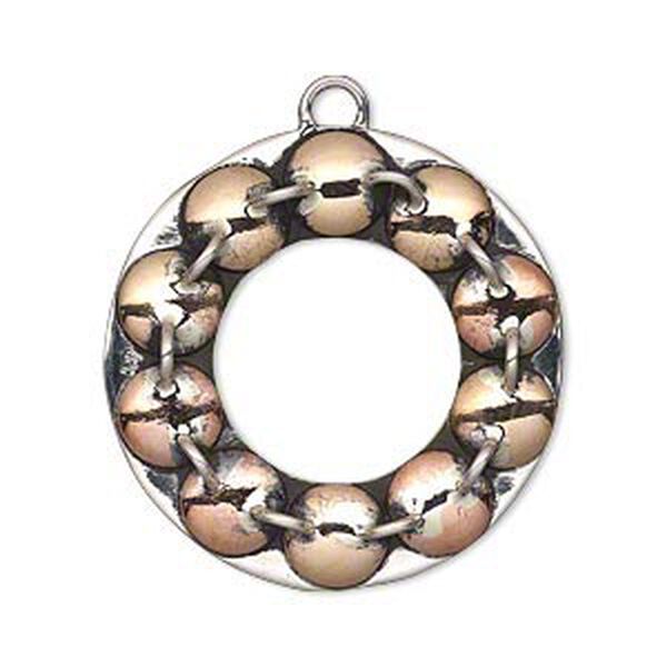 Focal, antiqued sterling silver and copper, 31mm single-sided fancy open round with round dot design and loops. Sold individually. image number 0