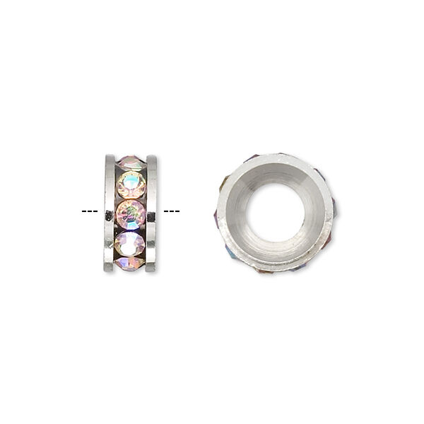 Bead, Dione®, Czech crystal and silver-plated brass, crystal AB, 12x5mm rondelle with 6mm hole. Sold per pkg of 2. image number 0