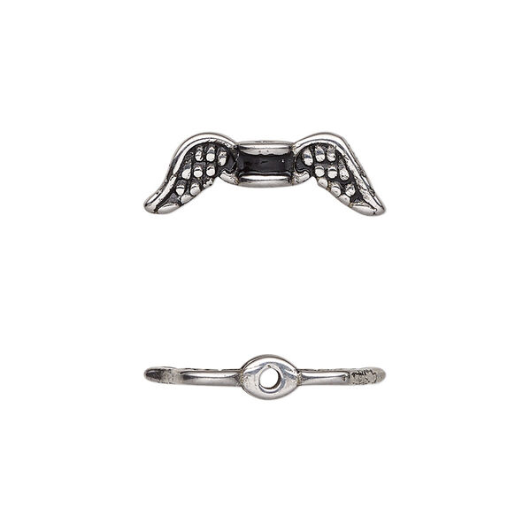 Bead, enamel and stainless steel, black, 20x7mm double-sided angel wing. Sold individually. image number 0