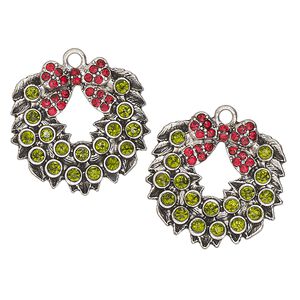 Charm, antique silver-finished "pewter" (zinc-based alloy) and glass, red and peridot green, 25x24mm single-sided Christmas wreath. Sold per pkg of 2.