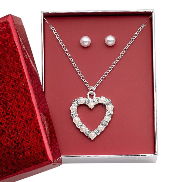 Necklace and earring set, acrylic pearl / glass rhinestone / silver-finished brass / steel / "pewter" (zinc-based alloy), clear and white, 25.5x25mm open heart, 15" to 16" necklace with 3-inch extender chain and lobster claw clasp, 6mm round with post. Sold per set. image number 0