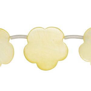 Bead, mother-of-pearl shell (dyed), yellow, 21x16mm-23x19mm top-drilled flat flower, Mohs hardness 3-1/2. Sold per 17-inch strand, approximately 15 beads.