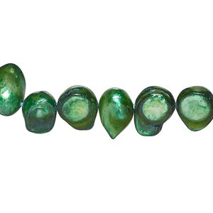 Pearl, cultured freshwater (dyed), evergreen, 8x6mm-14x9mm baroque with 0.4mm hole, D grade, Mohs hardness 2-1/2 to 4. Sold per 15-inch strand.